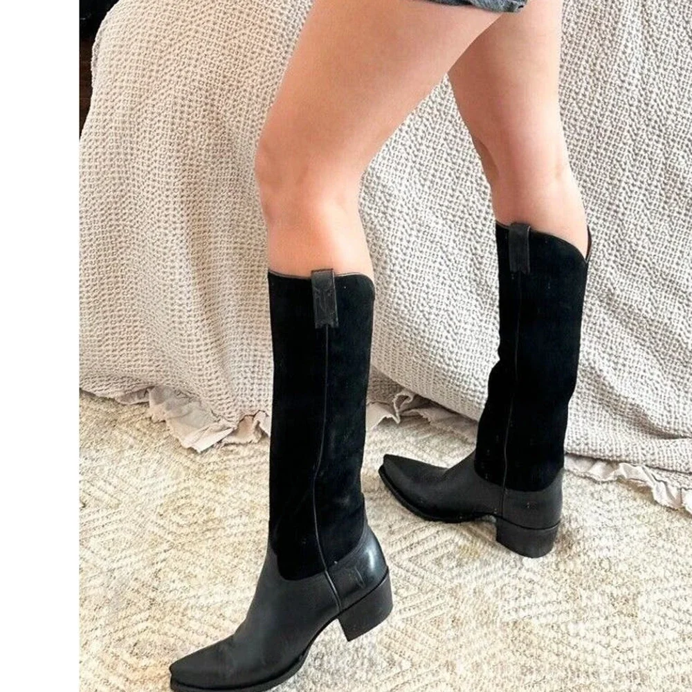 Frye Vintage Black Leather Knee High Pointed Toe Boots 7.5 FIT 7.5/8 - Picture 2 of 11